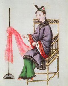 漁網を作る中国人女性、乾隆期（1736-96）（ガッシュ紙） 作： Chinese School