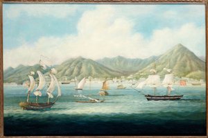 1850年頃、イギリスの船と他の船と一緒に香港のビクトリアを眺め 作： Chinese School
