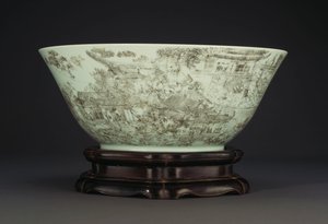 宮殿の敷地内の女性の連続したシーンを描いた大きな切り込みのある磁器のボウル、1796-1820