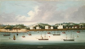 アメリカ、フランス、イギリスの海運を利用した道路からのシンガポールの眺め、1850年頃 作： Chinese School