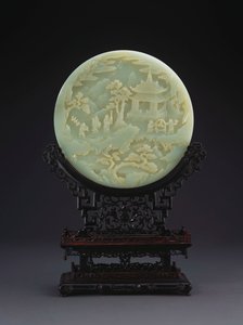 パビリオンに近づく学者を描いた白い翡翠の円形テーブルスクリーン
