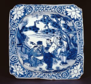 Shoulaoと他の不滅物で描かれた青と白のこめつけの四角い皿、Tianqi、1621-27（磁器）