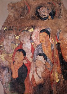 仏教: 「僧侶と菩薩のグループ」 (または菩薩) (菩薩と僧侶) 中国のシクシャ僧院の 8 世紀のフレスコ画の断片。 Dim. 144x101 cm エルミタージュ美術館、サンクトペテルブルク 作： Chinese School