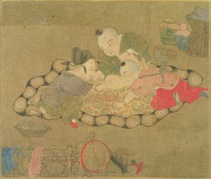 遊んでいる子供たち、明朝、1500年（シルクにトイレ） 作： Chinese School