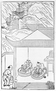 陶磁器の製造に関する一連のイラストから、着色用の青いエナメルを収集して洗浄します（シリーズ全体については384116および384117を参照） 作： Chinese School