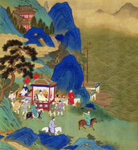 皇帝チンワンティ（紀元前221〜206年）は、中国の皇帝（絹の色）の歴史から、籠に乗って旅をしていました。 作： Chinese School