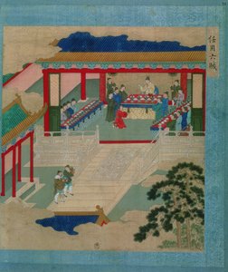 皇帝ホイツング（r.1100-26）は、中国の皇帝の歴史に由来する貴重な石で作られたカップから飲む祭りに参加（絹の色）