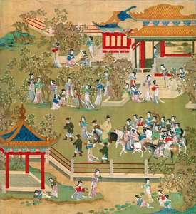 皇帝ヤンティ（581-618）が中国皇帝（絹の色）の歴史から妻と一緒に庭を散歩している（176855も参照） 作： Chinese School