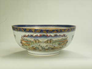 1750年代の乾隆期の鋳造病院を描いた楕円形の葉状パネルのファミールローズパンチボウル（1736-95）c.1790（セラミック）（294699も参照）