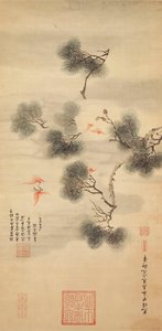 松の枝に囲まれたコウモリ5匹、1844年 作： Chinese School