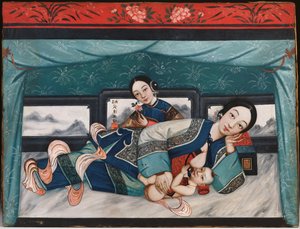 赤ちゃんと女性の付き添いがいる授乳中の母親、1870年頃 作： Chinese School