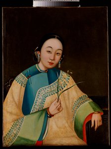 19世紀半ば、花を手にした、刺繍のローブに半分着席した宮廷婦人の肖像