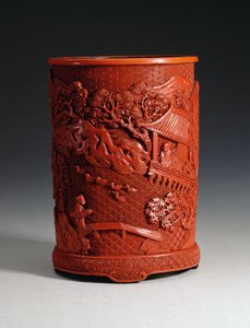 パビリオンの隠れ家に座っている有名な書家のWang Hsi-chih（西暦307〜365年）を描いた赤い成型ブラシポット。池のガチョウと橋を渡る少年、清朝、銭隆 作： Chinese School