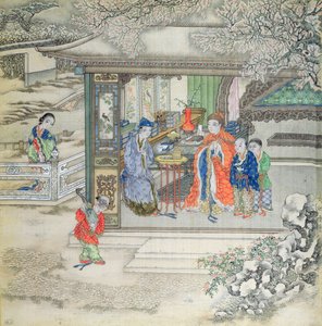 家族が訪問者を迎える庭のある風景（ガッシュオンシルク） 作： Chinese School