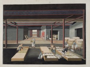 19世紀の中国の磁器製造のプロセスを描いた一連の12の皿12のボウルと皿の箱と包装 作： Chinese School