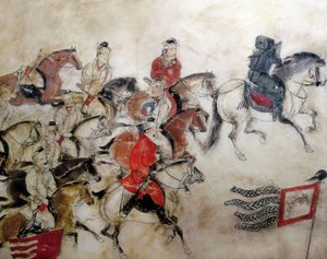 西安、漢時代、706年、馬を使った狩猟場面、ジャンフアイ王子の墓（壁画 作： Chinese School