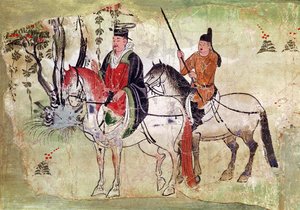 風景の中の2人の騎手、またはBoddhisatvaと彼のエクリー、唐時代（石を塗った） 作： Chinese School