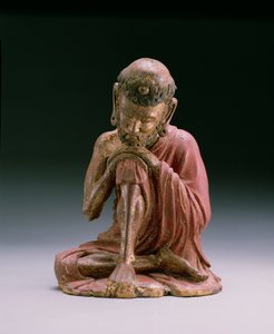 仏教信仰の創始者、釈迦牟尼の山から浮かび上がる朱漆の図、燕朝時代、1280〜1368年（木と金箔）