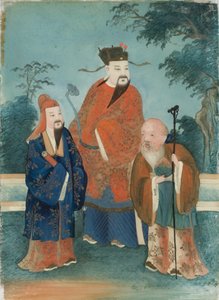 3人の男性像（ガラスに油彩） 作： Chinese School Chinese School