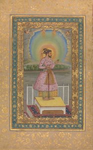 テラスでシャー・ジャハーン、彼の肖像画、フォリオ、1627-28 がセットされたペンダントを持っています。 作： Chitarman