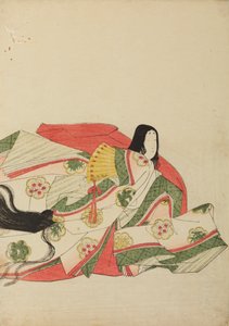 黄色い扇を持って座る宮廷女官、画帖『錦摺女三十六歌仙絵尽』より 作： 長文祭栄司