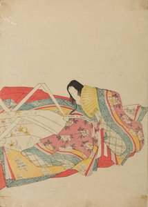 黄色い扇を持つ座る宮廷女性、画帖「錦摺女三十六歌仙絵尽」より 作： 長文祭栄司