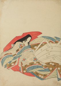 左向きに座る宮廷の婦人、画帖『錦摺女三十六歌仙絵尽』の一図 作： 長文祭栄司