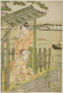 隅田川のほとりの茶屋に集う 作： Chobunsai Eishi