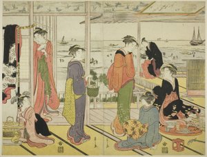 品川の遊郭にて （錦絵、三幅対より2枚 作： Chobunsai Eishi