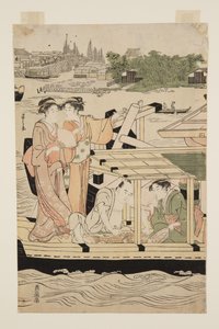 新橋の下の隅田川の遊覧船（カラー木版画 作： Chobunsai Eishi