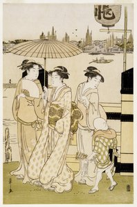 隅田川沿いの3人の女性と少年、1788-89年（版画） 作： Chobunsai Eishi