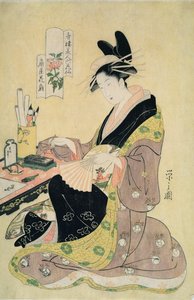 自分の机で絵を描く女性（カラー木版画） 作： Chobunsai Eishi