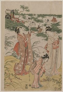 秋の湿原でコオロギを追いかける女性 作： Chobunsai Eishi