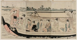 1790年代初頭、隅田川の遊覧船に乗る女性たち。 作： Chobunsai Eishi