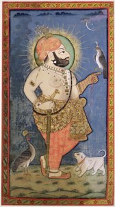 ホークのいるメワールのマハラナビムシン、ウダイプール（メワール）ラジャスタン、c.1805（布に金が施されたガッシュ） 作： Chokha