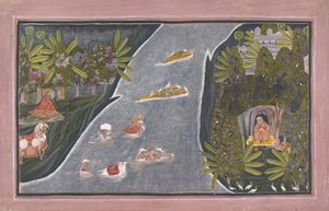 ラダは川を渡ってヒンドゥー教の聖人にインタビューします。 1820年。 作： Chokha
