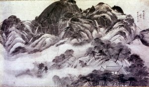 Art coreen: 仁王山。 チョン ソン (1676-1759) の版画。 18世紀。 ジャイ・ヒャン・ジョン コレクション 作： Chong Son