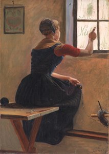 霧のかかった窓に最愛の人の名前を書くユトランドの少女