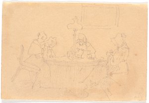 夜のインテリア。 テーブルを囲み、ランプの明かりで裁縫をする 4 人の女性 作： Christen Købke