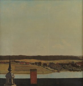 湖、町、森の景色を望むフレデリクスボー城の屋根の尾根 作： Christen Købke