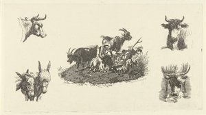 両側に牛の頭とロバの頭を持つ 3 頭のヤギ 作： Christiaan Godfried Schutze van Houten