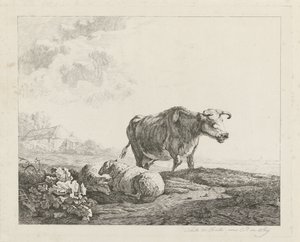 牛と 2 匹の羊のいる風景 作： Christiaan Godfried Schutze van Houten