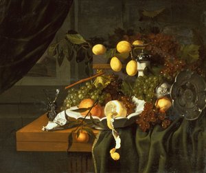 皿に皮をむいたレモン、オレンジ、ブドウ (オイル) 作： Christiaan Luykx or Luycks
