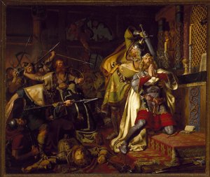 Mort de Knut (Canut, Knud) 聖デンマーク王 (1040-1086) 4 世 - 聖アルバヌス教会でのデンマーク王クヌート 4 世の死 (聖クヌートの殺害) 作: Christian Albrecht von Benzon (1816-1849) 作： Christian Albrecht von Benzon