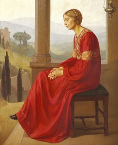 イタリアの風景のテラスに座っている赤いドレスを着た女性 作： Christian Bang