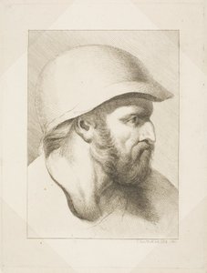 鋼鉄のヘルメットをかぶったひげ面の男性の頭部 作： Christian Frederick Köhlitz