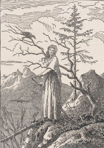 レイヴンを持つ女性 絶壁でカラスを連れた女性、おそらく 1803 年。 作： Christian Friedrich