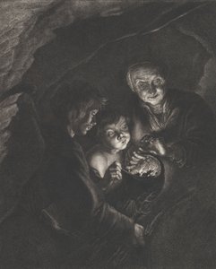 洞窟の夜のシーンで、鍋に燃える石炭を持っている老婆、吹き飛ばす少年。 1750-57