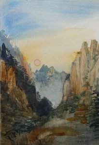 ピンクの太陽 - 黄色の山々, 2015 (紙に水彩) 作： Christian Furr