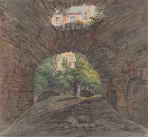 ビンゲン近くの廃墟を眺める若いカップル、1801年。 作： Christian Georg Schutz